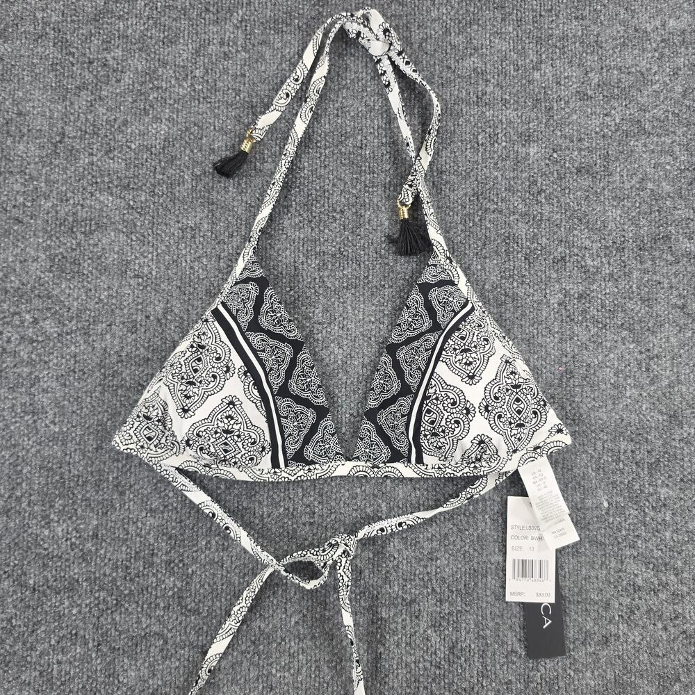 La Blanca Women's Bikini Top Size 10 Black White Paisley Halter Triangle Tassel